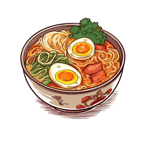 Illustration of Japanese ramen noodle soup with egg and vegetablesのイラスト素材