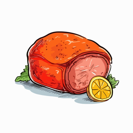 Illustration of a piece of meat with lemon on a white backgroundのイラスト素材