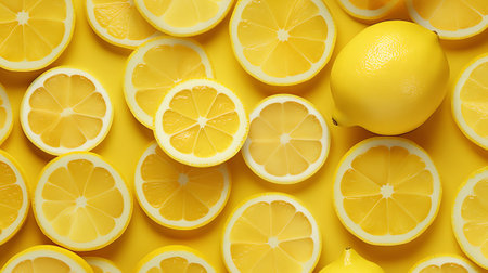 Lemons and lemons on a yellow background, top viewの素材