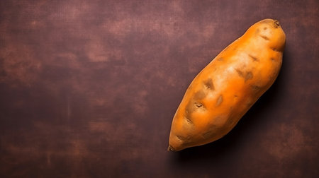 Sweet potato on a brown background. Top view. Copy space.の素材