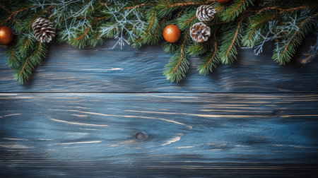 Christmas fir tree branches on wooden board with copy space. Top viewの素材