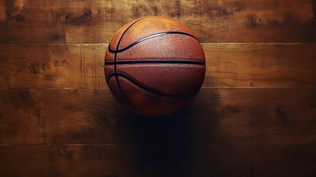 Basketball ball on a wooden floor. Sport background. Copy space.の素材