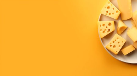Pieces of cheese on plate on yellow background, top view. Space for textの素材