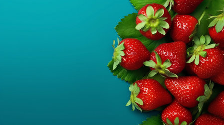 Strawberries with leaves on blue background. Top view. Copy space.の素材