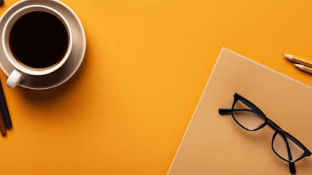 Coffee cup, notebook and pencil on orange background. Top viewの素材