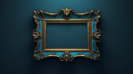 Classic blue background with golden frame. 3d rendering, 3d illustration.の素材