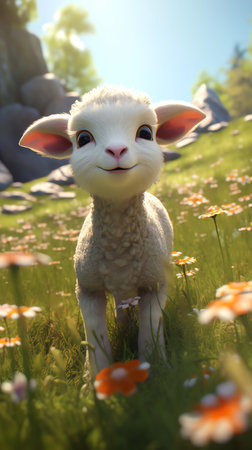 Sheep in the meadow with daisies, close upの素材