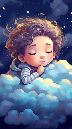 Illustration of a cute little girl sleeping on a cloud with starsの素材