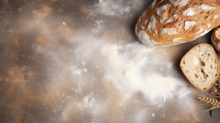 Variety of baked bread on rustic background. Top view with copy spaceの素材