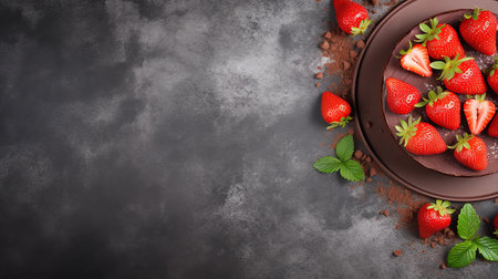 Chocolate cake with strawberries and mint on dark background. Top view with copy spaceの素材