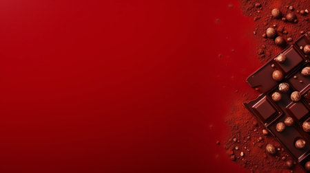 Chocolate and cocoa powder on a red background. Copy space.の素材