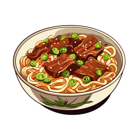 Japanese ramen noodle with beef in bowl. Vector illustration.の素材 [FY310207411722]