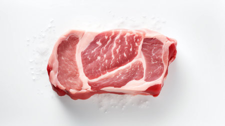 Raw pork chop with salt on a white background, top view.の素材