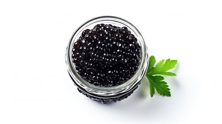 Black caviar in a glass jar isolated on white background. Top view.の素材