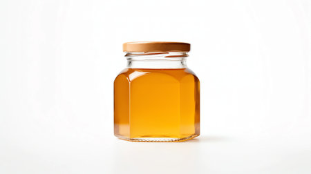 Honey in a glass jar on a white background with copy spaceの素材