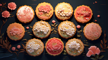 Illustration of a lot of sweet cakes with flowers on a dark backgroundの素材