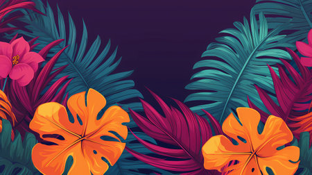 Tropical background with palm leaves and flowers. Vector illustration.の素材