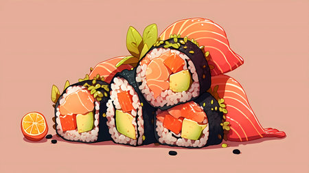 Illustration of a set of sushi rolls with salmon, avocado, cream cheese and wasabiの素材
