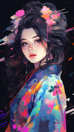 Fashion illustration of a beautiful young woman with long black hair.の素材