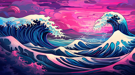 Seascape with big wave. Vector illustration in retro style.の素材
