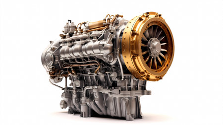 3d rendering of an old car engine on white background with shadowの素材