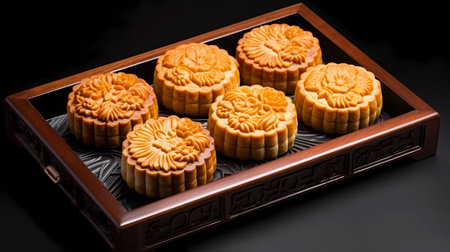 Moon cakes for Mid-Autumn Festival in wooden tray on black backgroundの素材