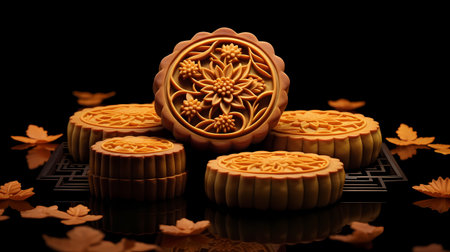 Moon cakes and autumn leaves on black background. 3D illustration.の素材