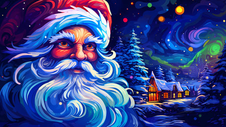 Santa Claus on the background of the night winter village. Vector illustration.の素材