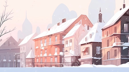 Winter cityscape with houses and snowflakes, vector illustration.の素材