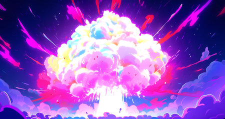 3D illustration of a huge explosion of colorful smoke, isolated on black backgroundの素材