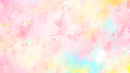 Falling petals of cherry blossom. Pink, yellow, blue flower petals on colorful watercolor background. Valentine's day concept.の素材