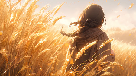 Beautiful young woman in a wheat field at sunset. Beauty, fashion.の素材