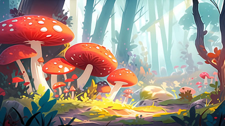 Fantasy forest with red mushrooms. Vector illustration in cartoon style.の素材