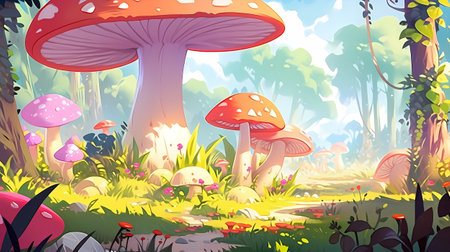 Mushrooms in the forest. Vector illustration of a fantasy landscape.の素材
