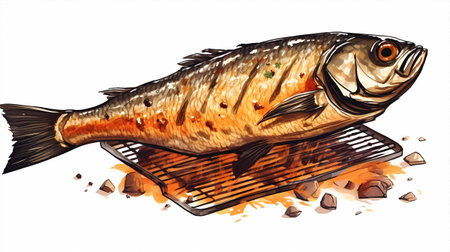 Illustration of a fresh fish on a grill with spices and oilの素材