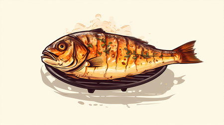 Illustration of a grilled fish on a plate. Vector illustration.の素材
