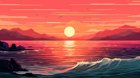 Sunset over the sea. Vector illustration in a flat style.の素材