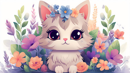 Cute cartoon cat with flowers. Vector illustration for your design.の素材