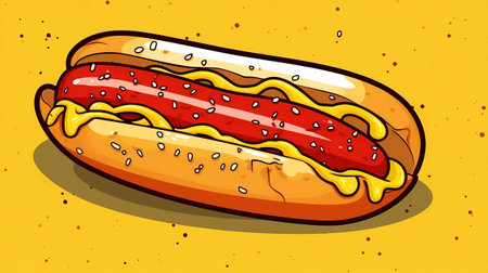 Hot dog on yellow background. Vector illustration of a hot dog.の素材