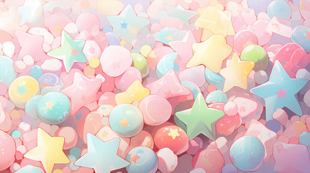 Illustration of a pink and blue background with stars and balloons.の素材
