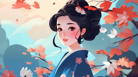Beautiful japanese girl with cherry blossom background. Vector illustration.の素材