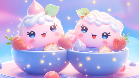 Cute kawaii unicorns in a blue bowl with strawberriesの素材