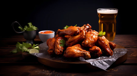 Fried chicken wings with beer on wooden table. Selective focusの素材