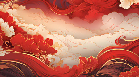 Abstract floral background with red and orange flowers and clouds. Vector illustration.の素材