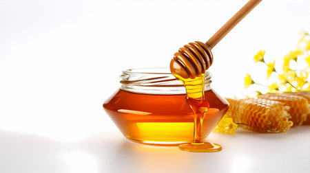Honey dripping from a wooden honey dipper into a glass jar on a white backgroundの素材