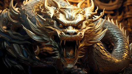 Golden dragon statue, close-up. 3d rendering. Computer digital drawing.の素材