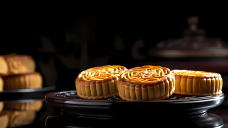Moon cake on black background, Chinese mid-autumn festival foodの素材