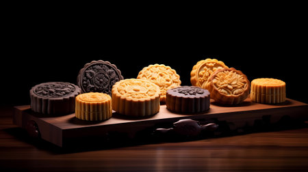 Moon cakes on a wooden table on a black background. Toned.の素材
