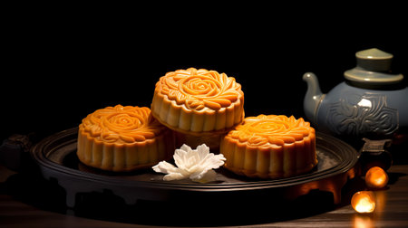 Moon cakes on black background, Chinese mid-autumn festival foodの素材