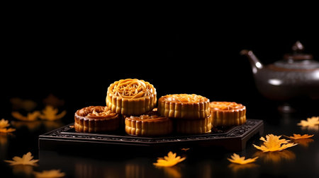 Moon cakes with black background. Chinese mid autumn festival food concept.の素材